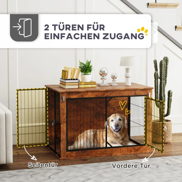 Hondenkooi Meubel, Hondenbox Met 2 Afsluitbare Deuren, Bijzettafel Voor Thuis, Hondenhuis Voor Grote Honden Onder 30 Kg, Staal, 98 X 60 X 65,5 Cm, Rustiek Bruin 7