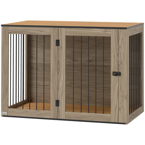 Hondenkooi Meubilair, Hondenbox Met Deur En Raam, Bijzettafel Voor Thuis, Hondenhuis Voor Grote Honden Onder 30 Kg, Staal, 106 X 60 X 76 Cm, Eiken 1