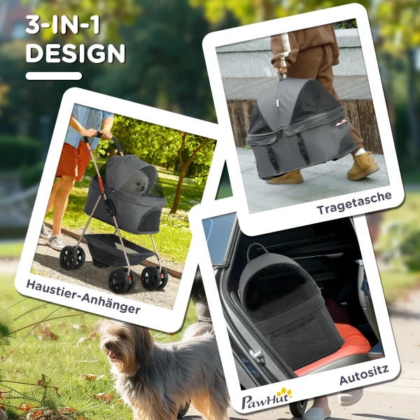 Hondenwagen 3 In 1 Hondenbuggy Opvouwbare Hondenbox, Inklapbare Transporttas Met Drankhouder, Honden Buggy, Kattenwagen Met 360° Wielen Kattenbuggy Voor Mini Honden Onder 4 Kg, Grijs 5