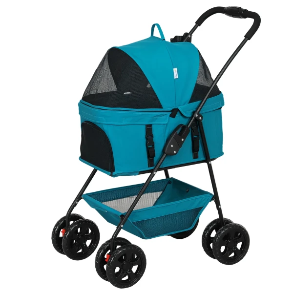 Hondenwagen 3 In 1 Hondenbuggy Opvouwbare Hondenbox, Inklapbare Transporttas Met Drankhouder, Honden Buggy, Kattenwagen Met 360° Wielen Kattenbuggy Voor Mini Honden Onder 4 Kg, Turkoois 1