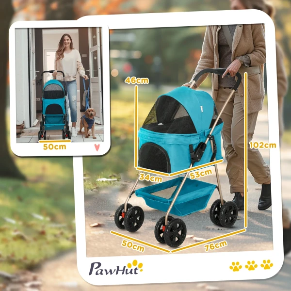 Hondenwagen 3 In 1 Hondenbuggy Opvouwbare Hondenbox, Inklapbare Transporttas Met Drankhouder, Honden Buggy, Kattenwagen Met 360° Wielen Kattenbuggy Voor Mini Honden Onder 4 Kg, Turkoois 4