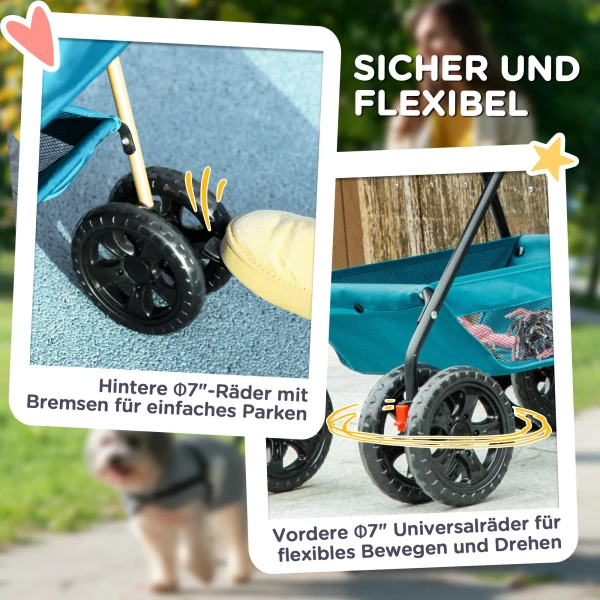 Hondenwagen 3 In 1 Hondenbuggy Opvouwbare Hondenbox, Inklapbare Transporttas Met Drankhouder, Honden Buggy, Kattenwagen Met 360° Wielen Kattenbuggy Voor Mini Honden Onder 4 Kg, Turkoois 8