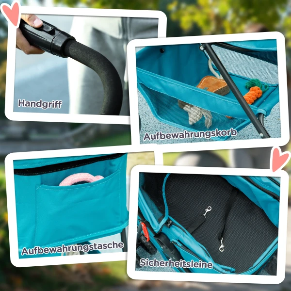 Hondenwagen 3 In 1 Hondenbuggy Opvouwbare Hondenbox, Inklapbare Transporttas Met Drankhouder, Honden Buggy, Kattenwagen Met 360° Wielen Kattenbuggy Voor Mini Honden Onder 4 Kg, Turkoois 9