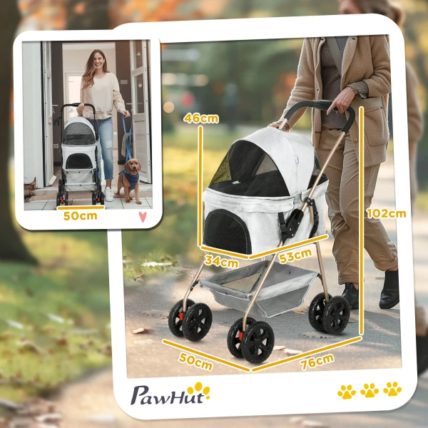 Hondenwagen 3 In 1 Opvouwbare Hondenbuggy, Inklapbare Transporttas Met Drankhouder, Honden Buggy, Kattenwagen Met 360° Wielen Kattenbuggy Voor Mini Honden Onder 4 Kg, Lichtgrijs 4