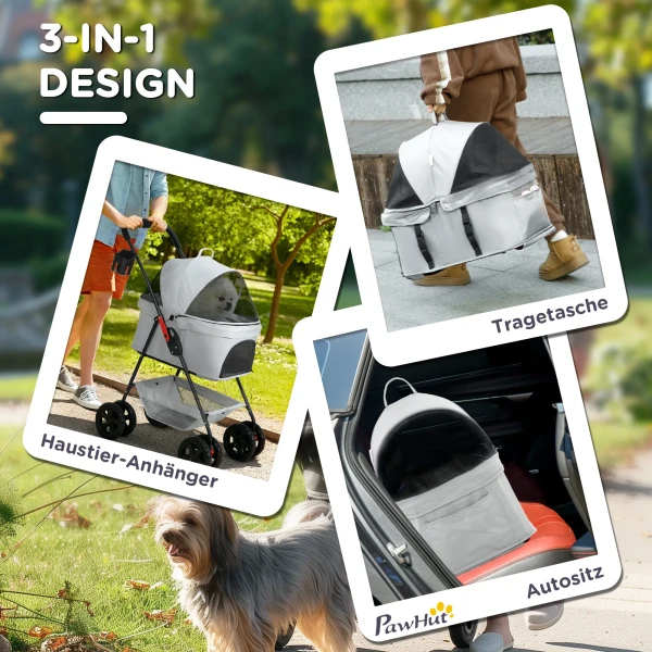 Hondenwagen 3 In 1 Opvouwbare Hondenbuggy, Inklapbare Transporttas Met Drankhouder, Honden Buggy, Kattenwagen Met 360° Wielen Kattenbuggy Voor Mini Honden Onder 4 Kg, Lichtgrijs 5