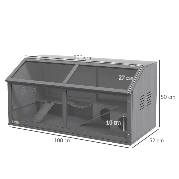 Houten Hamsterkooi, 100cm Knaagdierhuis, Klein Dierenverblijf, Speelhuis Met Hangbrug, Ladders, Openklapbaar Dak, Hut, Donkergrijs 4