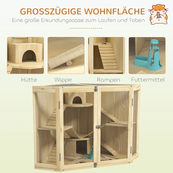 Houten Hamsterkooi, Klein Dierenhok Met 4 Niveaus, Voederstation, Wip, Helling, Hutten, Cavia Kooi Voor Dwerg En Syrische Hamsters, 115 X 69,5 X 79 Cm 5