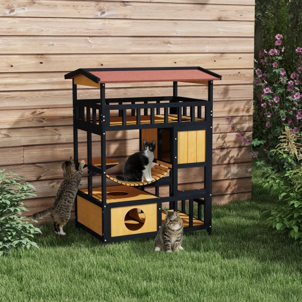 Houten Kattenhuis Met Platforms, Hangbrug, Kattenhut Voor Maximaal 2 Katten, Binnen En Buitengebruik, Geel 2