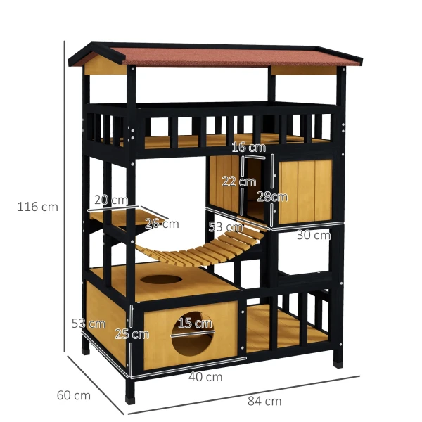 Houten Kattenhuis Met Platforms, Hangbrug, Kattenhut Voor Maximaal 2 Katten, Binnen En Buitengebruik, Geel 4