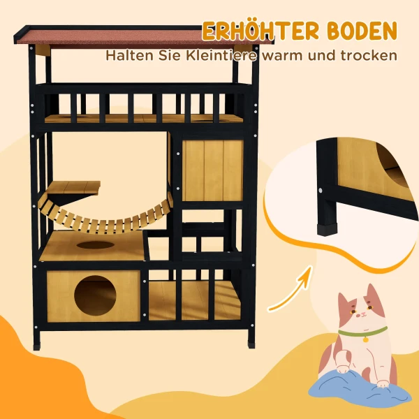 Houten Kattenhuis Met Platforms, Hangbrug, Kattenhut Voor Maximaal 2 Katten, Binnen En Buitengebruik, Geel 8