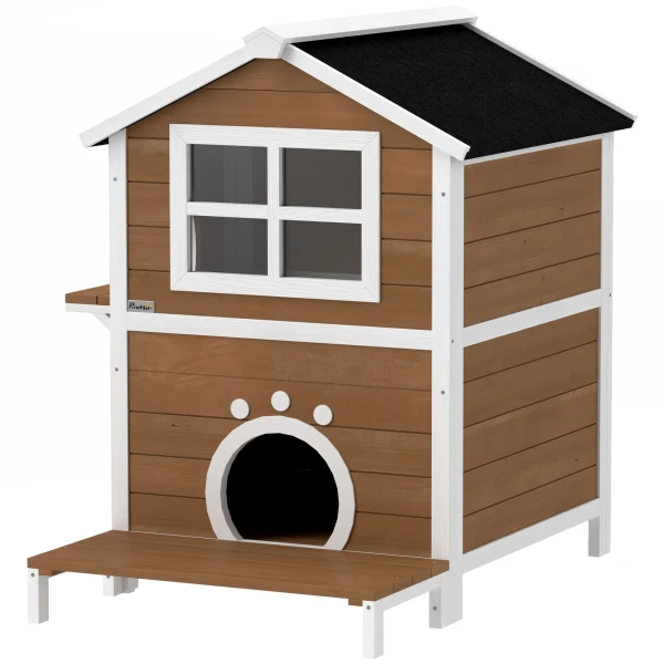 Houten Kattenhuis Met Venster, Balkon, Weerbestendige Kattenhut Met 2 Niveaus, Uitneembare Vloer, Voor 1 2 Katten, Binnen, Buiten, 66 X 66 X 90 Cm, Bruin 1