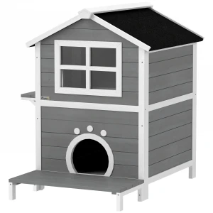 Houten Kattenhuis Met Venster, Balkon, Weerbestendige Kattenhut Met 2 Niveaus, Uitneembare Vloer, Voor 1 2 Katten, Binnen, Buiten, 66 X 66 X 90 Cm, Grijs 1