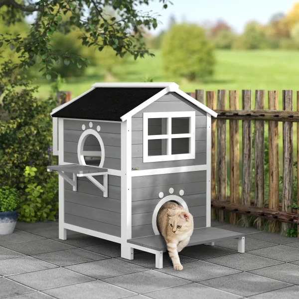 Houten Kattenhuis Met Venster, Balkon, Weerbestendige Kattenhut Met 2 Niveaus, Uitneembare Vloer, Voor 1 2 Katten, Binnen, Buiten, 66 X 66 X 90 Cm, Grijs 2