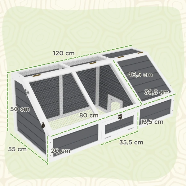 Houten Schildpaddenverblijf, Schildpaddenverblijf Met Twee Hoofdhuizen, Opklapbare Bovenkant, Slot, Buiten Reptielenkooi Voor Kleine Dieren 120 X 55 X 50 Cm, Lichtgrijs 4