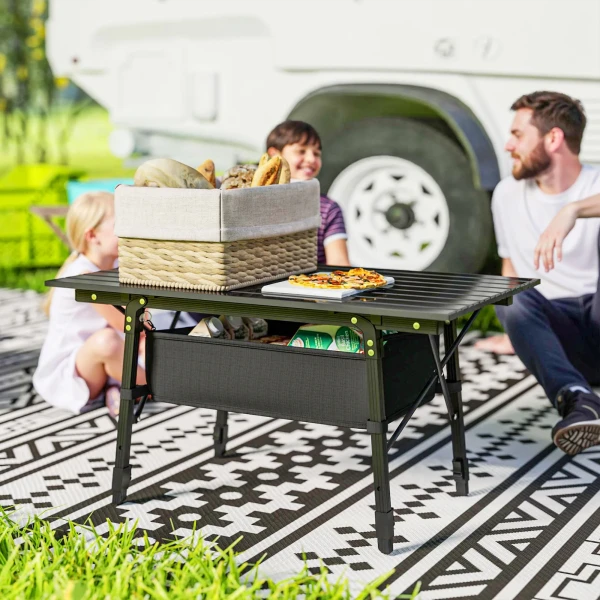 Kampeertafel, Opvouwbare Picknicktafel Met Opbergmand, Draagtas, Verstelbare Hoogte Klaptafel, Voor Tuinfeesten, Kamperen, Grillen, Aluminium Zwart 2