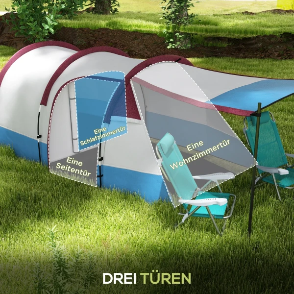 Kampeertent, Tunneltent Voor 3 Personen, Met Licht Haak, Voortent, 2 Kamers, Winddichte Familietent Met Draagtas, 2000mm Waterafstotend Pop Up Tent Voor Camping, Tuin, Rood 6