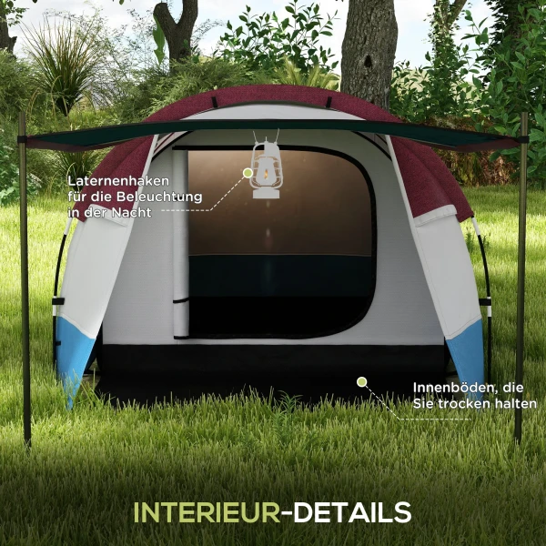 Kampeertent, Tunneltent Voor 3 Personen, Met Licht Haak, Voortent, 2 Kamers, Winddichte Familietent Met Draagtas, 2000mm Waterafstotend Pop Up Tent Voor Camping, Tuin, Rood 7