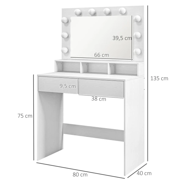 Kaptafel Met Led Verlichting, Kaptafel Met Spiegel, Instelbare Helderheid, Make Uptafel Met 2 Lades, Open Schappen, Voor Slaapkamer, Wit 4