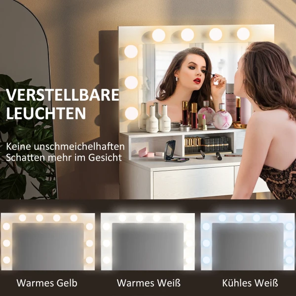 Kaptafel Met Led Verlichting, Kaptafel Met Spiegel, Instelbare Helderheid, Make Uptafel Met 2 Lades, Open Schappen, Voor Slaapkamer, Wit 5