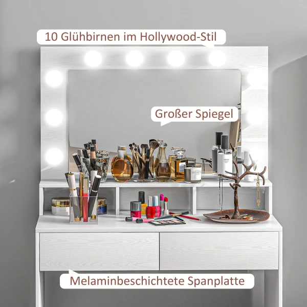 Kaptafel Met Led Verlichting, Kaptafel Met Spiegel, Instelbare Helderheid, Make Uptafel Met 2 Lades, Open Schappen, Voor Slaapkamer, Wit 7