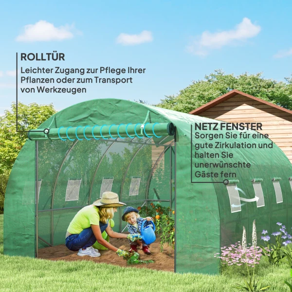 Kas Ongeveer 4 X 3 X 2 M Foliekas Met 8 Ramen, Roldeur, Oprolbare Zijwanden, Uv Bestendige Folietunnel, Winterbestendige Tomatenkas Met Grondankers, Groen 7