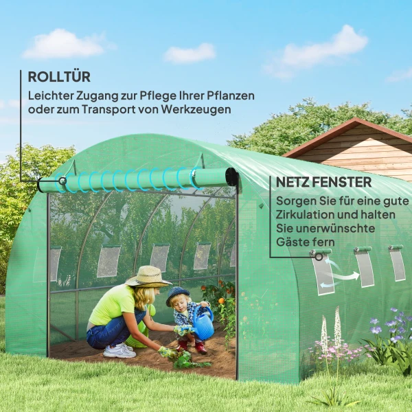 Kas Ongeveer 6 X 3 X 2 M Foliekas Met 12 Ramen, Roldeur, Oprolbare Zijwanden, Uv Bestendige Folietunnel, Winterbestendige Tomatenkas Met Grondanker, Groen 7