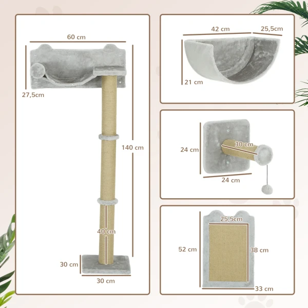 Katten Klimmuur 5 Delig. Klimmen Kattenkrabpaal Met Krabpaal, Hangmat, Springplank, Wandkrabpaal, Wand Kattenmeubilair Voor Katten Tot 5 Kg, Polyester, Lichtgrijs 4