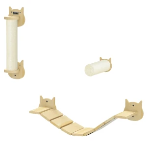 Katten Klimmuur Set, 3 Delig Kattenmeubilair Met Krabpaal, Stapplaat, Ladder, Wandkrabpaal Voor Katten Tot 5 Kg, Gemaakt Van Dennenhout, Natuurhout 1