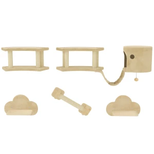 Katten Klimmuur Set, 5 Delig Kattenmeubilair Met Krabpaal, Springplatforms, Ladder, Huis, Katten Wandrek, Voor Katten Tot 5 Kg, Pluche, Beige 1