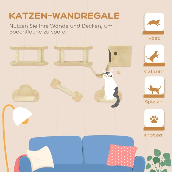 Katten Klimmuur Set, 5 Delig Kattenmeubilair Met Krabpaal, Springplatforms, Ladder, Huis, Katten Wandrek, Voor Katten Tot 5 Kg, Pluche, Beige 5