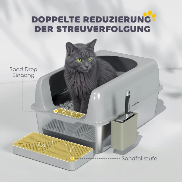 Kattenbak Met Deksel, Kattenbak Met Schep, Roestvrijstalen Bak Katten Toilet Huis Met Opbergdoos Voor Katten Onder 4,5 Kg, Binnen, Lichtgrijs 7