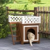 Kattenhol, Kattenhut Van Sparrenhout, Kattenhuis Met Balkon, Trap, Voor Katten, Konijnen Tot 6 Kg, Binnen, Buiten 67,5 X 63 X 68,5 Cm, Bruin 2