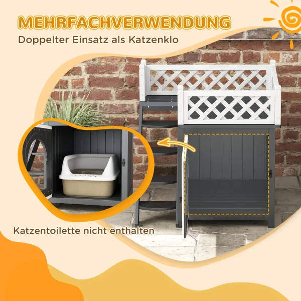 Kattenhol, Kattenhut Van Sparrenhout, Kattenhuis Met Balkon, Trap, Voor Katten, Konijnen Tot 6 Kg, Binnen, Buiten 67,5 X 63 X 68,5 Cm, Grijs 7