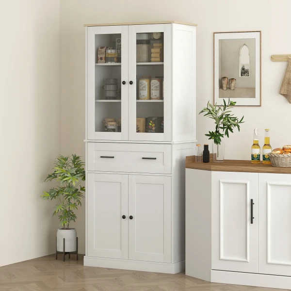 Keukenkast, Hoge Kast Met Lade, Verstelbare Legplanken, Keukenbuffet Met Acryldeuren, 2 Kastcompartimenten Voor Woonkamer, Eetkamer, 76 X 40 X 182,5 Cm, Crèmewit 2