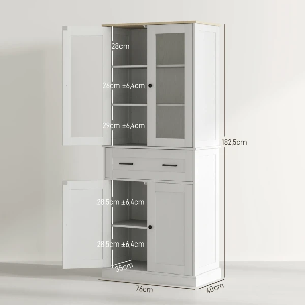 Keukenkast, Hoge Kast Met Lade, Verstelbare Legplanken, Keukenbuffet Met Acryldeuren, 2 Kastcompartimenten Voor Woonkamer, Eetkamer, 76 X 40 X 182,5 Cm, Crèmewit 4