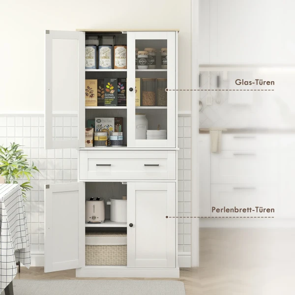 Keukenkast, Hoge Kast Met Lade, Verstelbare Legplanken, Keukenbuffet Met Acryldeuren, 2 Kastcompartimenten Voor Woonkamer, Eetkamer, 76 X 40 X 182,5 Cm, Crèmewit 5