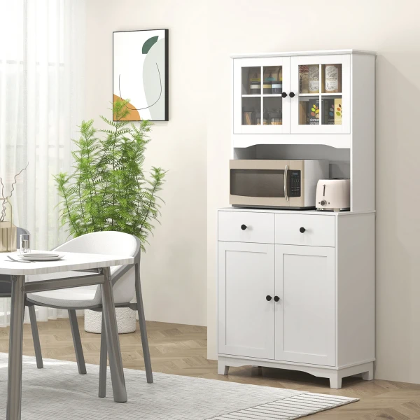 Keukenkast Hoogkast Met Magnetronrek, 2 Kasten, 2 Lades, Vitrinekast Met Verstelbare Planken, Kantelbeveiliging, Buffetkast Voor Woonkamer, Eetkamer, Wit 2