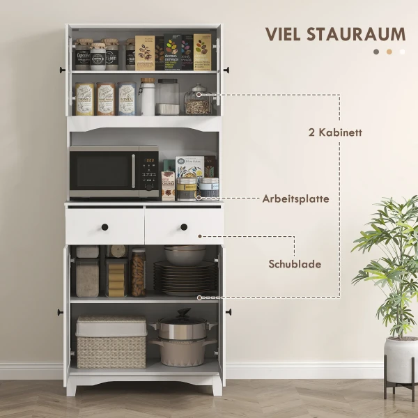 Keukenkast Hoogkast Met Magnetronrek, 2 Kasten, 2 Lades, Vitrinekast Met Verstelbare Planken, Kantelbeveiliging, Buffetkast Voor Woonkamer, Eetkamer, Wit 5