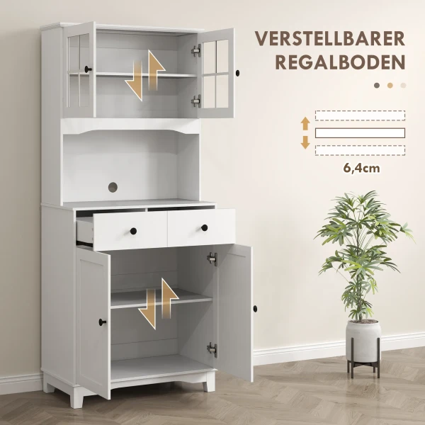 Keukenkast Hoogkast Met Magnetronrek, 2 Kasten, 2 Lades, Vitrinekast Met Verstelbare Planken, Kantelbeveiliging, Buffetkast Voor Woonkamer, Eetkamer, Wit 7