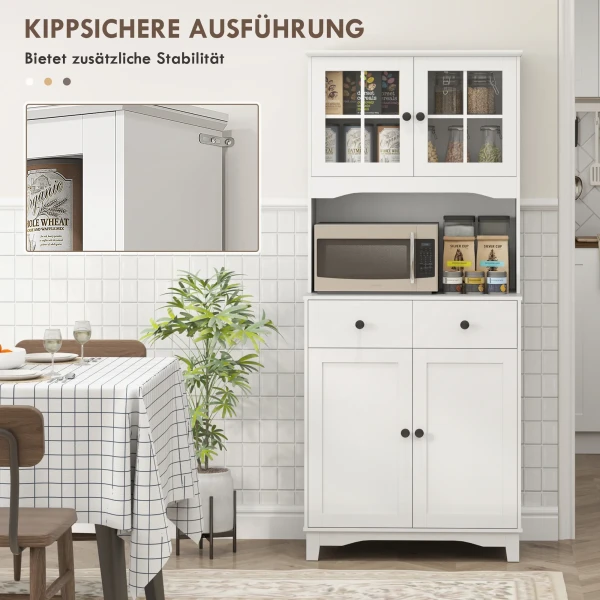 Keukenkast Hoogkast Met Magnetronrek, 2 Kasten, 2 Lades, Vitrinekast Met Verstelbare Planken, Kantelbeveiliging, Buffetkast Voor Woonkamer, Eetkamer, Wit 8