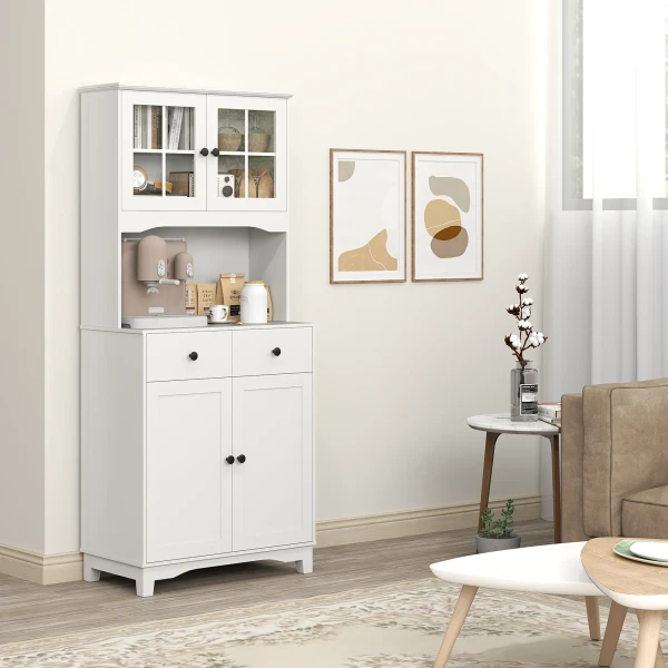 Keukenkast Hoogkast Met Magnetronrek, 2 Kasten, 2 Lades, Vitrinekast Met Verstelbare Planken, Kantelbeveiliging, Buffetkast Voor Woonkamer, Eetkamer, Wit 9