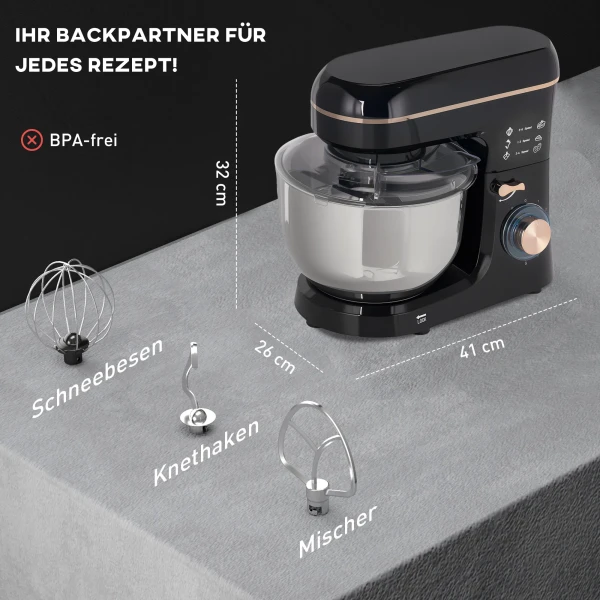 Keukenmachine Kneedmachine 5,5l Rvs Kom 1400w 6+p Snelheid Deegmachine Met Roerhaak, Kneedhaak, Garde, Spatscherm, Deegkrabber En Eierscheider Zwart 4