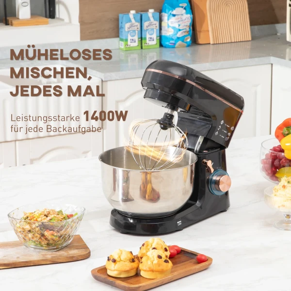 Keukenmachine Kneedmachine 5,5l Rvs Kom 1400w 6+p Snelheid Deegmachine Met Roerhaak, Kneedhaak, Garde, Spatscherm, Deegkrabber En Eierscheider Zwart 5