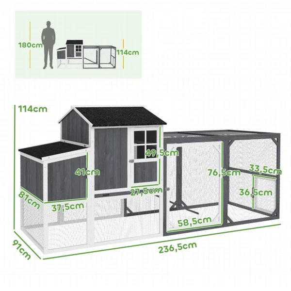 Kippenhok, 236,5 X 91 X 114 Cm Kippenren Met Nestkast, Vrije Uitloop, Houten Kippenhuis Met 2 Zitstokken, Waterdichte Verf, Voor 3 4 Kippen, Grijs 4