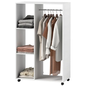 Kledingkast Op Wielen, Mobiele Garderobe, 1 Kledingstang, 3 Planken, Garderobekast, Verrijdbare Kledingrek Voor Hal, Slaapkamer, 80 X 40 X 128 Cm, Wit 1