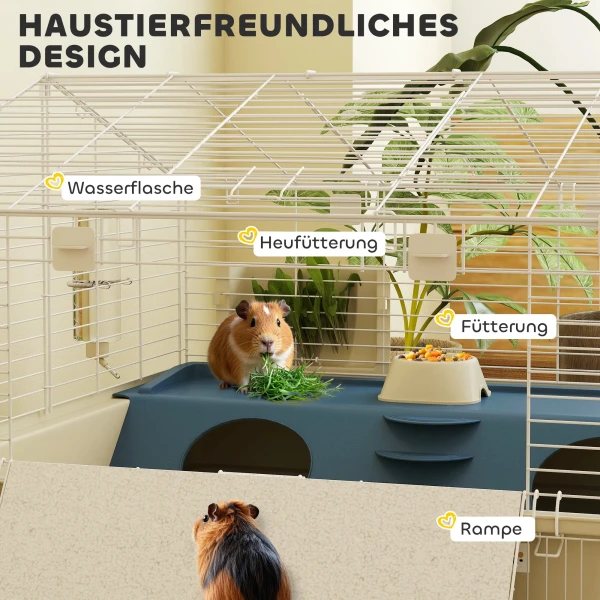 Kleindierkooi Met Ren, Konijnenkooi, Kleindierstal Met Waterfles, Hooivoeder, Voerbak, Helling Knagdierkooi Met Wielen Voor Cavia's En Egels Wit 6