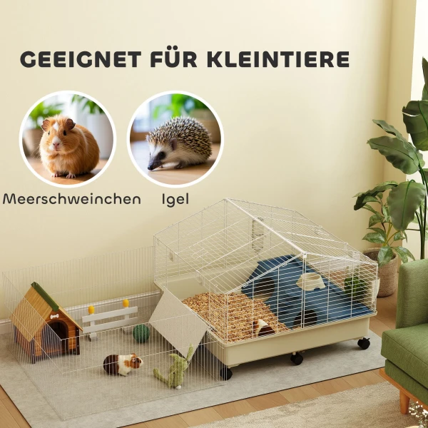 Kleindierkooi Met Ren, Konijnenkooi, Kleindierstal Met Waterfles, Hooivoeder, Voerbak, Helling Knagdierkooi Met Wielen Voor Cavia's En Egels Wit 8