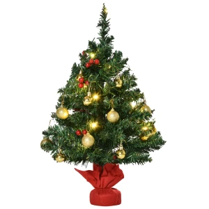 Kleine Kerstboom, Mini Kerstboom Met Hulstbessen, Ballen & Led Lichten, Groene Pvc Tafeldecoratie ∅40 X 60 Cm 1