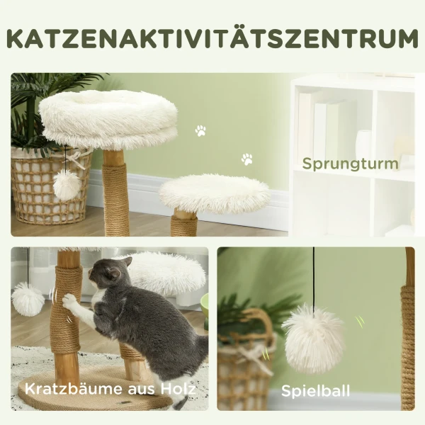 Krabpaal 61,5 Cm Hoog Met Speelbal, Bedden, Kattentoren Met Krabplank, Voor Katten Onder De 5 Kg, Perenhout, Wit 5