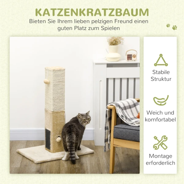 Krabpaal, 79cm Krabkolom Met Vachtborstels, Jute Kattenkrabboom Met Speelbal, Krabpaal Voor Katten Onder 4,5 Kg, Katten Krabmeubilair, Binnen, Beige 5